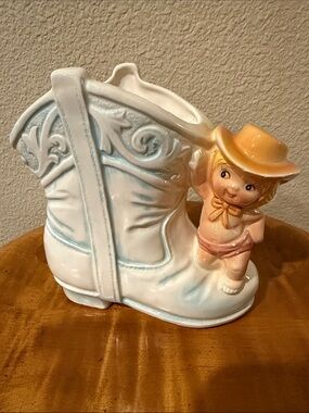Vintage Kitsch  Relpo Ceramic Boot and  Baby Cowgirl Planter